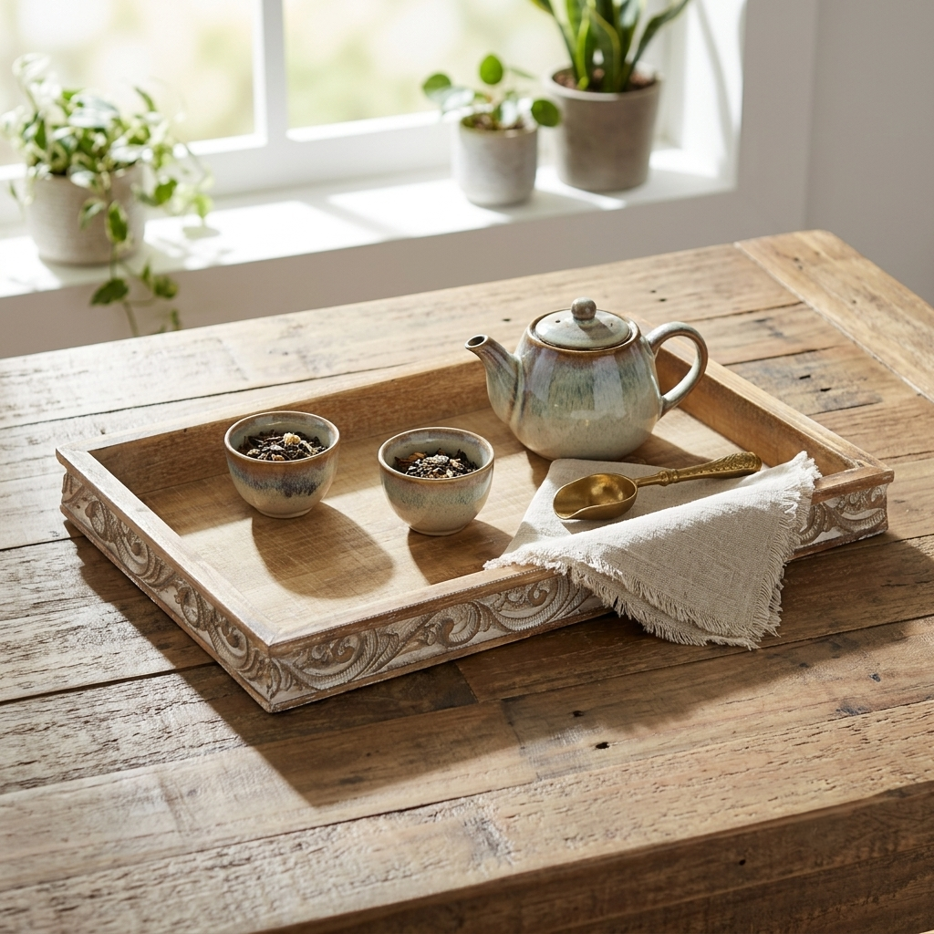 4716 - Dahlia Decorative Tray, Brown 16.5" Wood Carved Border