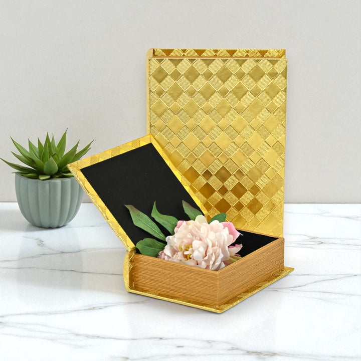 6197-2GD - Zuleika Vinyl Diamond Checkered Pattern Book Boxes - Gold