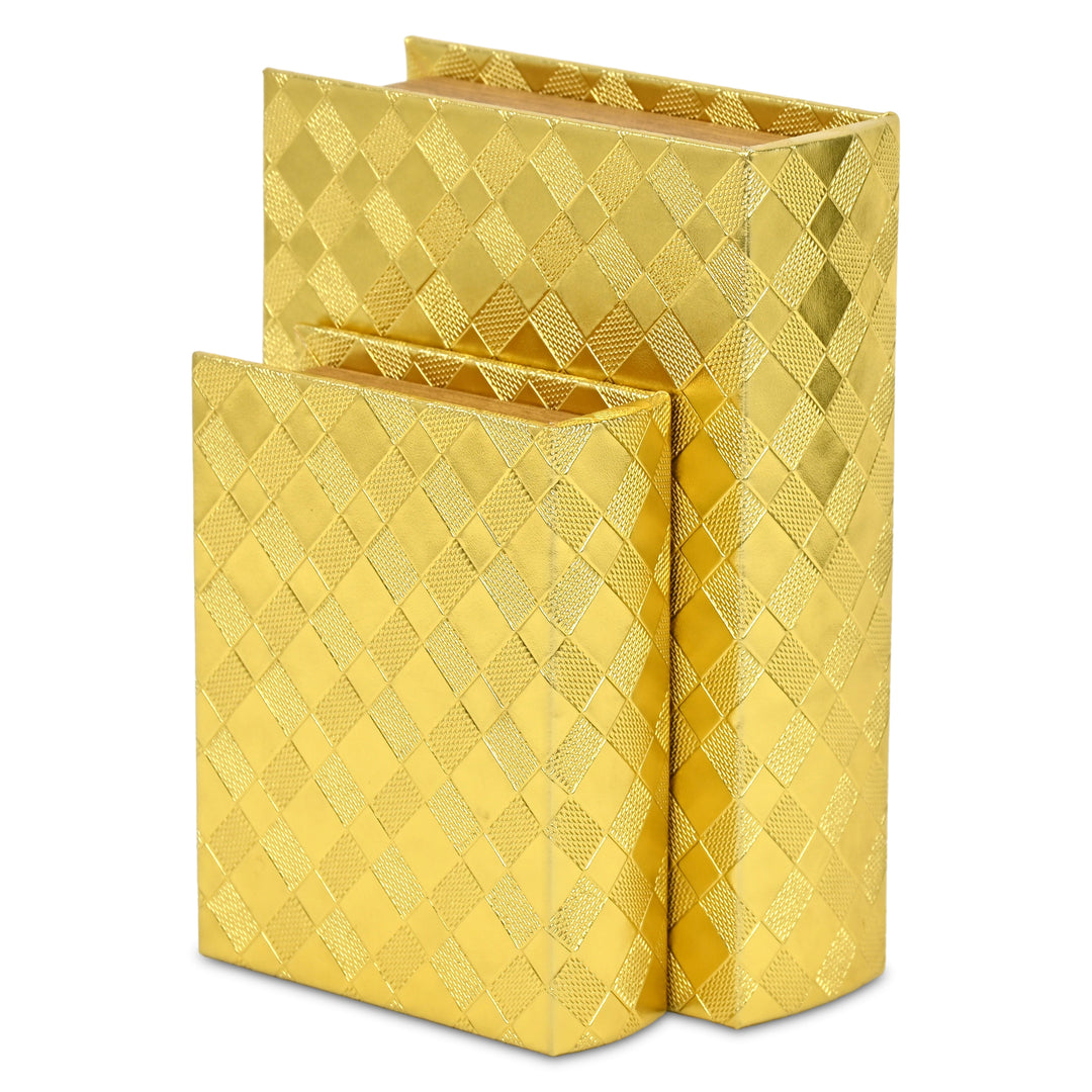 6197-2GD - Zuleika Vinyl Diamond Checkered Pattern Book Boxes - Gold
