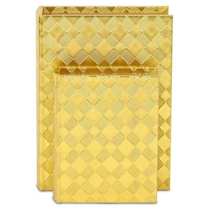 6197-2GD - Zuleika Vinyl Diamond Checkered Pattern Book Boxes - Gold