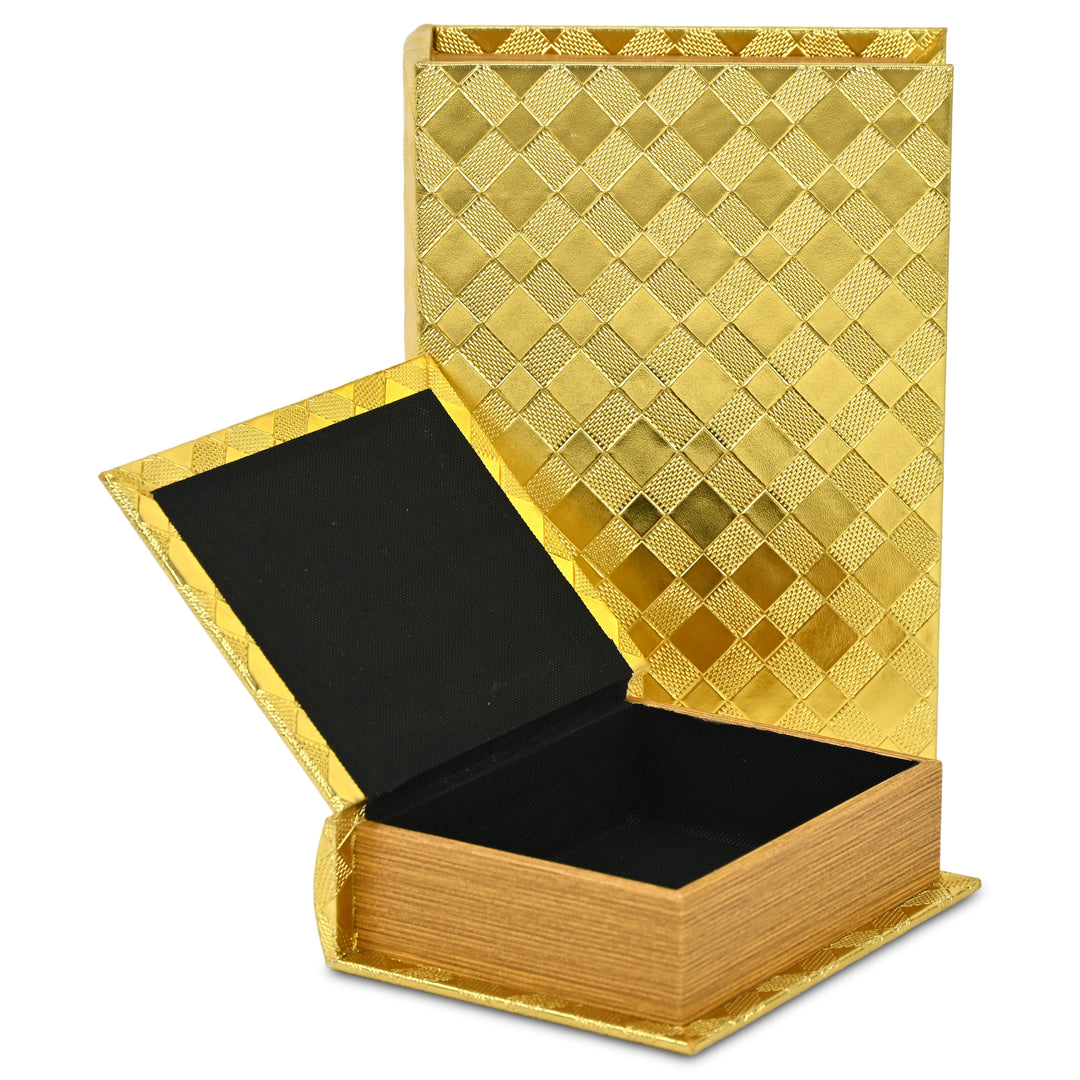 6197-2GD - Zuleika Vinyl Diamond Checkered Pattern Book Boxes - Gold