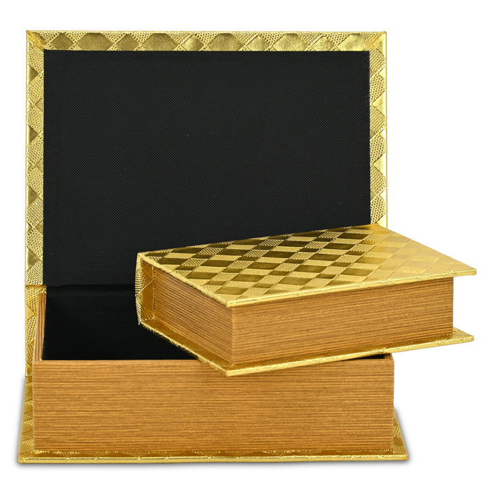 6197-2GD - Zuleika Vinyl Diamond Checkered Pattern Book Boxes - Gold